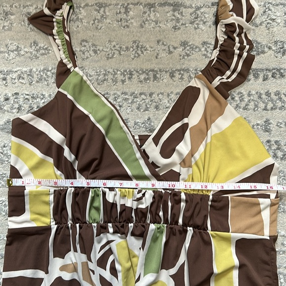 BCBG MaxAzria Brown Green Beige Ruffled Sleeveless Print Dress - Picture 7 of 7